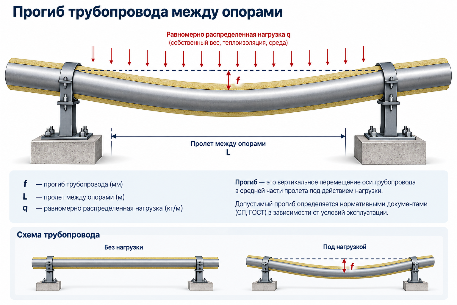 Прогиб трубопровода между опорами
